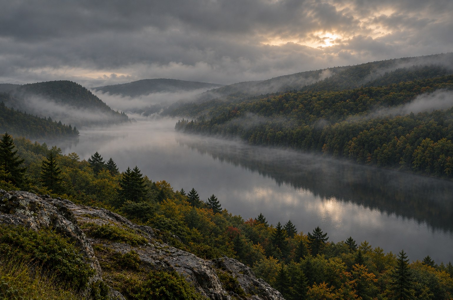 Mist drifting above water between forested hills beneath a dramatic cloudy sky.